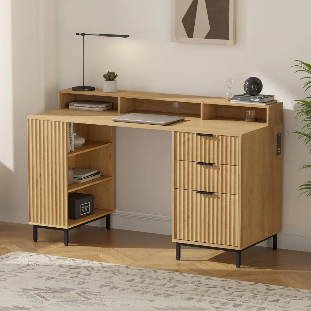Fluted Executive Desk with Storage Shelf & File Drawer, 55" Modern Wood Office Desk with Monitor Stand & Charging Station, Home
Fluted Executive Desk with Storage Shelf & File Drawer, 55" Modern Wood Office Desk with Monitor Stand & Charging Station, Home