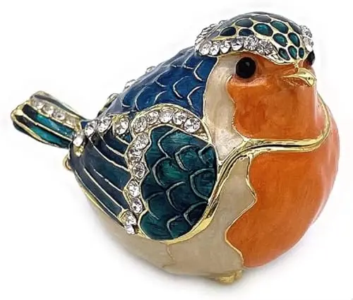 Enameled Robin Trinket Box With Crystal Accents, Hinged Ring And Earring Organizer, Decorative Figurine For Home Display
Enameled Robin Trinket Box With Crystal Accents, Hinged Ring And Earring Organizer, Decorative Figurine For Home Display