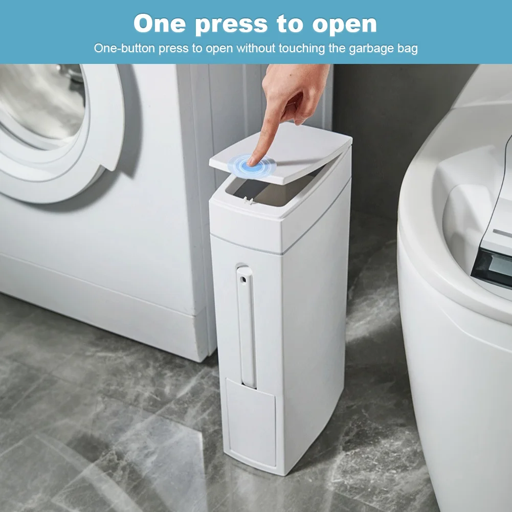 Тонкий мусорный бак с чистящей щеткой и крышкой. Пластиковая корзина для мусора. Мусорное ведро для ванной комнаты для узких помещений.
Тонкий мусорный бак с чистящей щеткой и крышкой. Пластиковая корзина для мусора. Мусорное ведро для ванной комнаты для узких помещений.