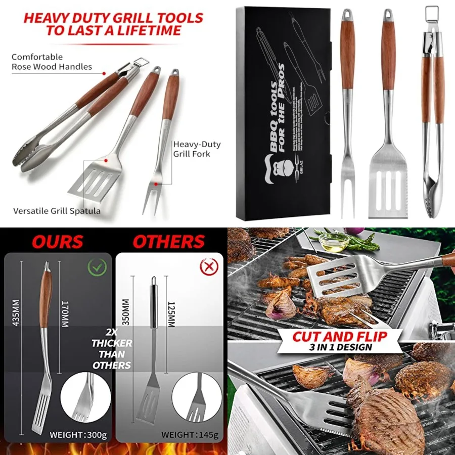 Heavy-Duty Rose Wooden BBQ Grilling Tools Set. Extra Thick Stainless Steel Multi-Function Spatula, Fork Tongs Essential Accesso
Heavy-Duty Rose Wooden BBQ Grilling Tools Set. Extra Thick Stainless Steel Multi-Function Spatula, Fork Tongs Essential Accesso