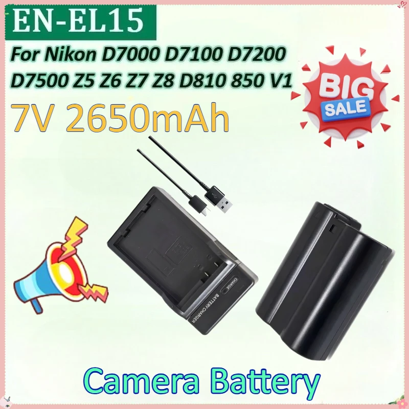 EN-EL15 7V 2650mAh for Nikon D7200 D7500 D7000 D7100 Z5 Z7 Z8 Z6 II 2Z6III ZF MB-D11 MB-D12 D810 Latest Decoded Camera Battery
EN-EL15 7V 2650mAh for Nikon D7200 D7500 D7000 D7100 Z5 Z7 Z8 Z6 II 2Z6III ZF MB-D11 MB-D12 D810 Latest Decoded Camera Battery