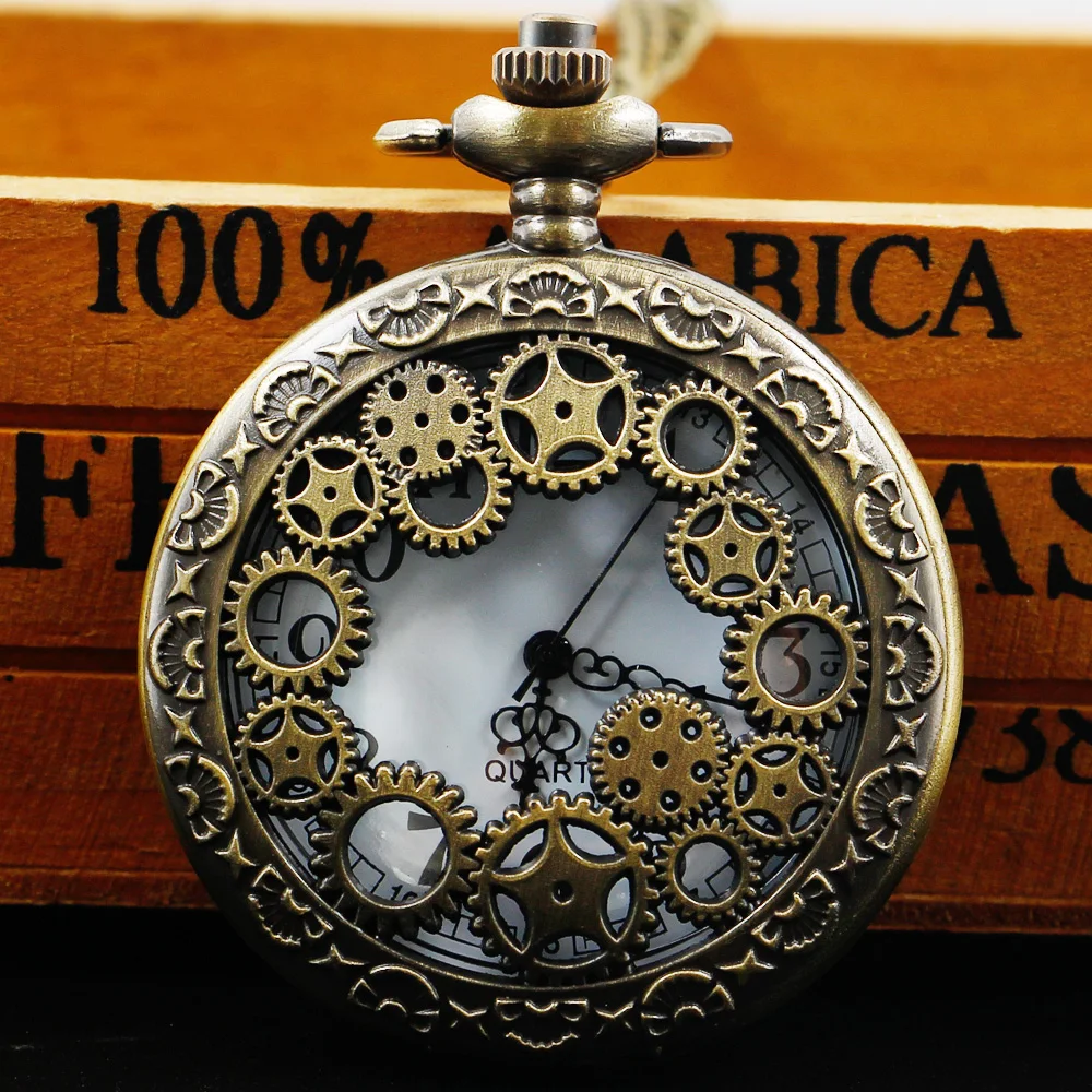 Bronze Quartz Movement Pocket Watch Hollow Gear Necklace Pendant Gift With Chain Pendant Gifts For Women Or Man with Fob Chain
Bronze Quartz Movement Pocket Watch Hollow Gear Necklace Pendant Gift With Chain Pendant Gifts For Women Or Man with Fob Chain