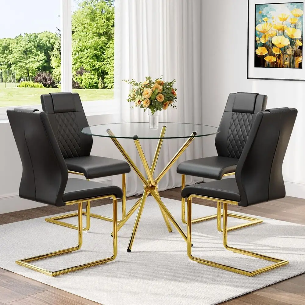 Elegant 36.6 Round Tempered Glass Dining Table with Gold Legs, Compact Set for Kitchen & Dining Room
Elegant 36.6 Round Tempered Glass Dining Table with Gold Legs, Compact Set for Kitchen & Dining Room