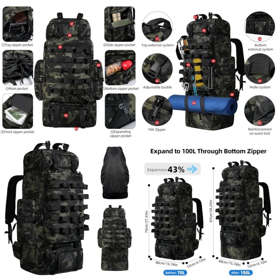 70L/100L Camping Hiking Backpack with Rain Cover, Expandable Large Military Tactical Backpack, Waterproof Molle Racksack Travel
70L/100L Camping Hiking Backpack with Rain Cover, Expandable Large Military Tactical Backpack, Waterproof Molle Racksack Travel