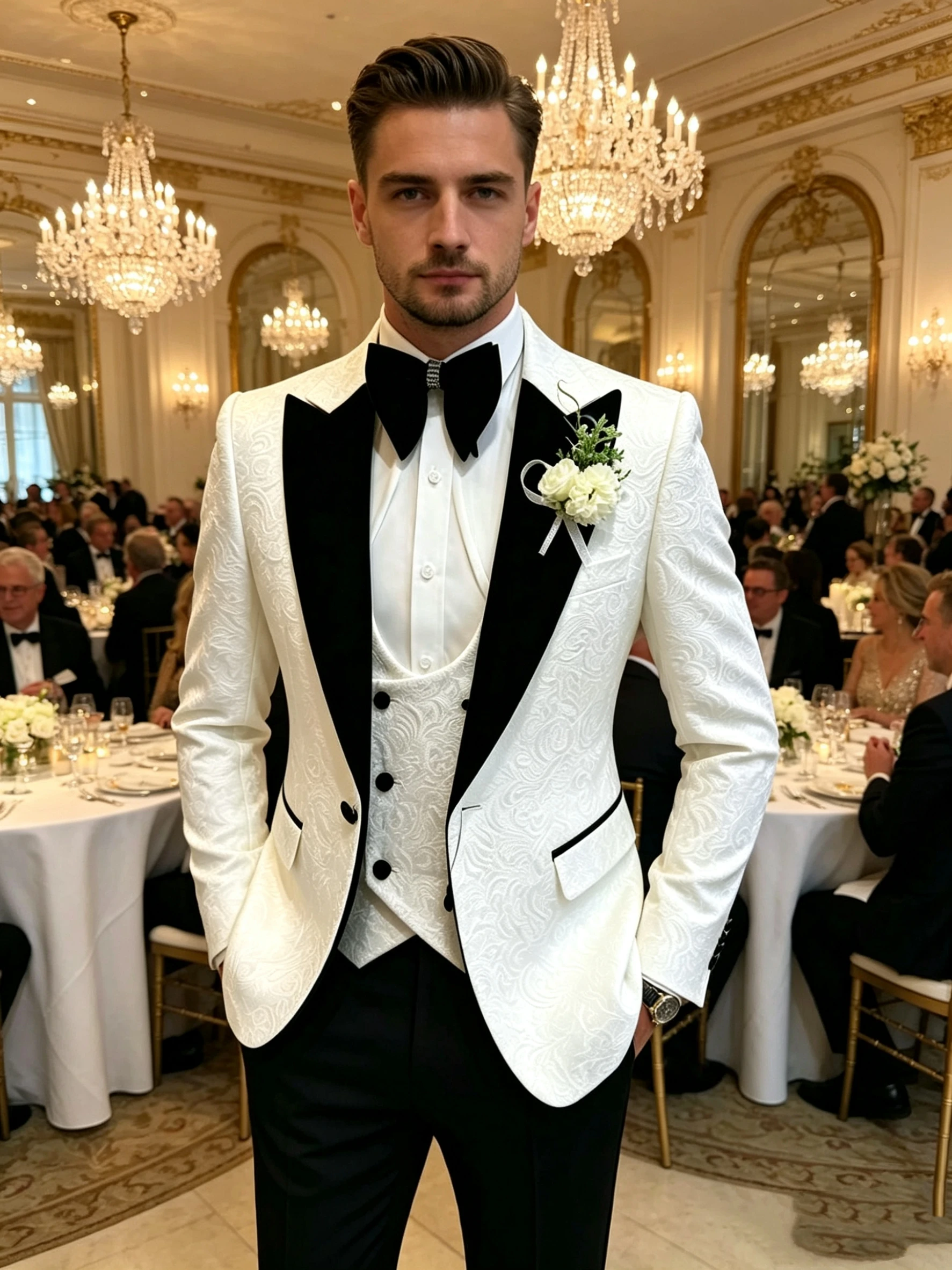 Elegant Mens Wedding Suits Italian Design Ivory Jacquard Smoking Groom Tuxedo Jacket Vest Pants 3 Piece Prom Suits Set For Men
Elegant Mens Wedding Suits Italian Design Ivory Jacquard Smoking Groom Tuxedo Jacket Vest Pants 3 Piece Prom Suits Set For Men