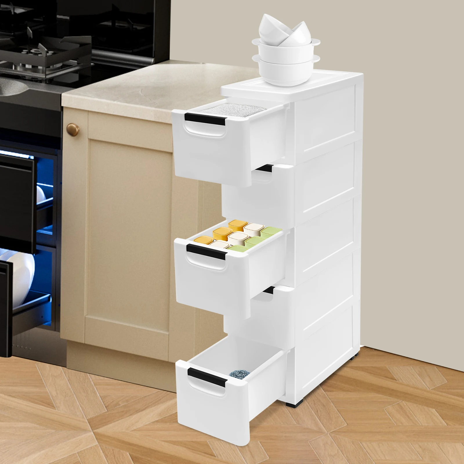 White 5-Tier Storage Cabinet (7.8715.7533.07in), 4 Movable Wheels, Sturdy Load-Bearing, Easy Clean, Space-Saving for Home
White 5-Tier Storage Cabinet (7.8715.7533.07in), 4 Movable Wheels, Sturdy Load-Bearing, Easy Clean, Space-Saving for Home