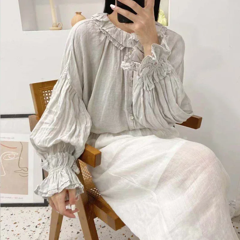 2024 Autumn New Vintage Linen Button Mori Womens Tops And Blouses Ruffles Collar Loose Solid Color Female Shirts
2024 Autumn New Vintage Linen Button Mori Womens Tops And Blouses Ruffles Collar Loose Solid Color Female Shirts