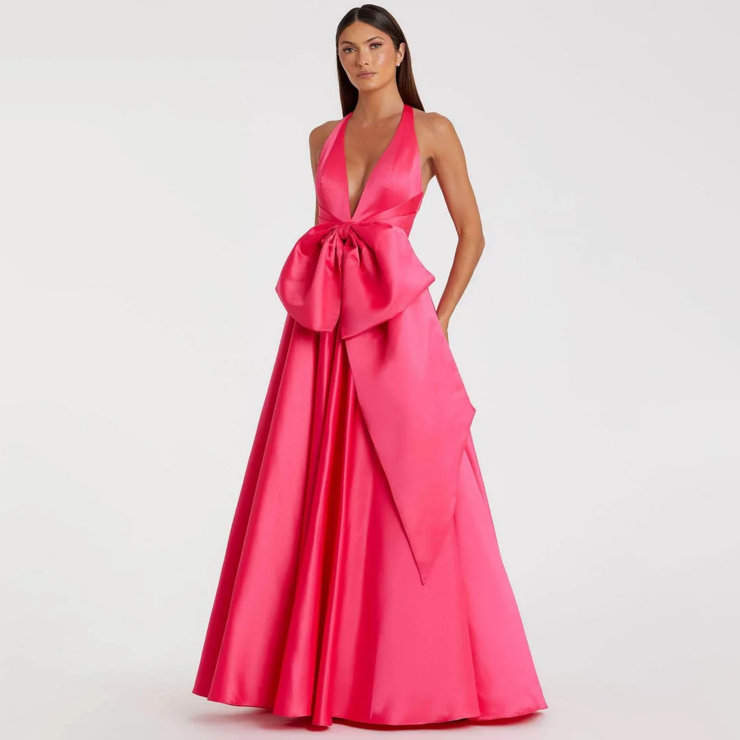 Fashion Fuchsia Halter Backless Evening Dresses With Big Bow Elegant V-neck A-line Floor-Length Lady's Gowns For Formal Occasion
Fashion Fuchsia Halter Backless Evening Dresses With Big Bow Elegant V-neck A-line Floor-Length Lady's Gowns For Formal Occasion
