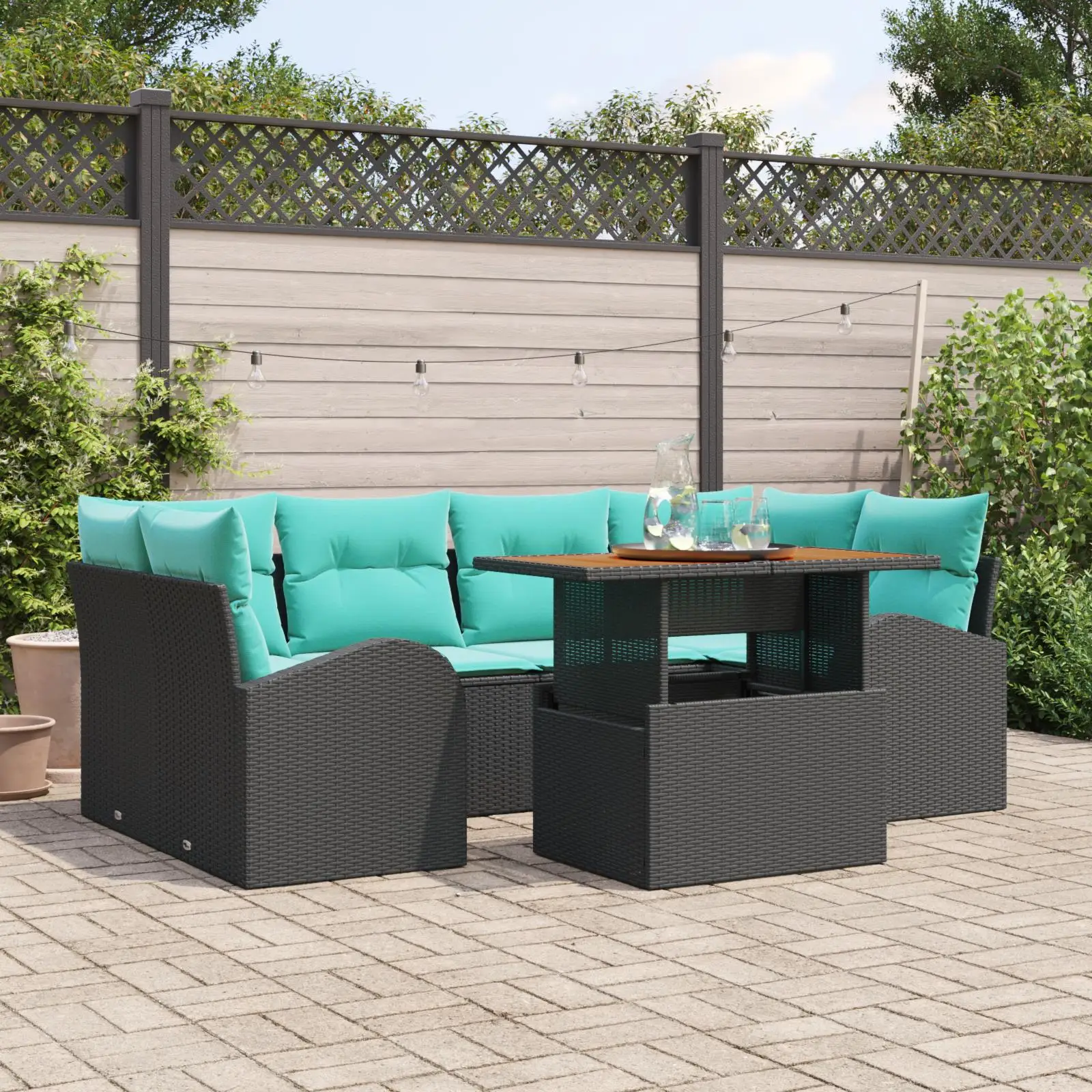 7 Piece Black Poly Rattan Garden Sofa Set with Cushions Acacia Outdoor Furniture
7 Piece Black Poly Rattan Garden Sofa Set with Cushions Acacia Outdoor Furniture