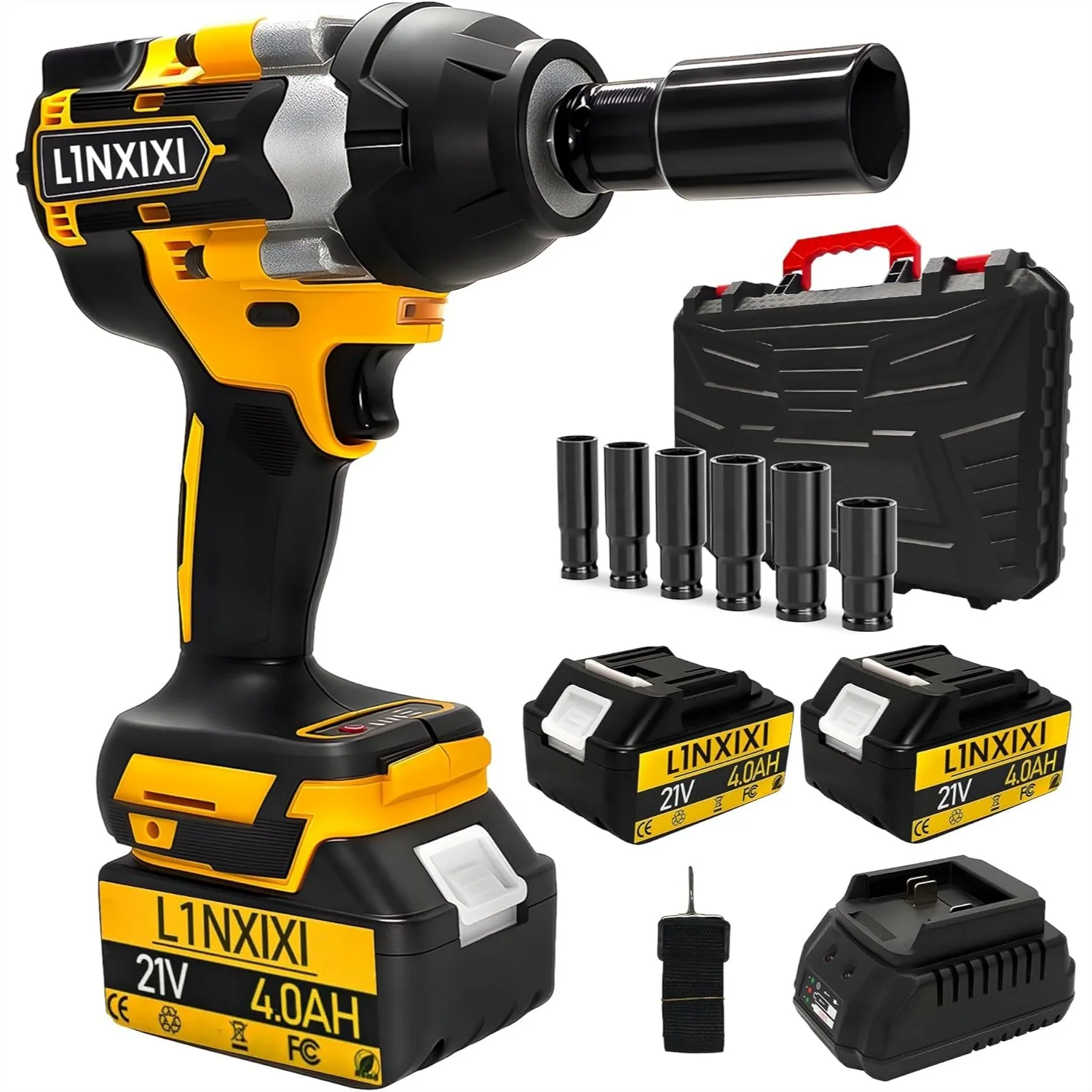 1/2 Cordless Impact Wrench, Brushless Motor, 1000N.m(740Ft-Lbs), 3300RPM, with 2x4.0Ah Battery & Charger, 6 Sockets
1/2 Cordless Impact Wrench, Brushless Motor, 1000N.m(740Ft-Lbs), 3300RPM, with 2x4.0Ah Battery & Charger, 6 Sockets