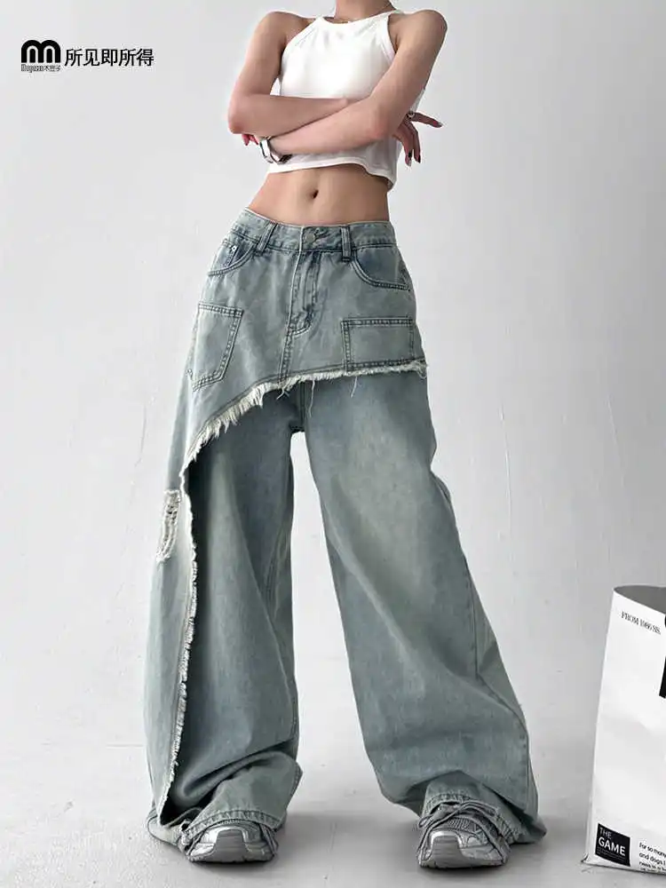 Women's Blue Fake Two-Piece Pocket Patchwork Jeans Korean Retro Aesthetic Harajuku Loose Wash Pants Wide Leg Punk Loose Jeans
Women's Blue Fake Two-Piece Pocket Patchwork Jeans Korean Retro Aesthetic Harajuku Loose Wash Pants Wide Leg Punk Loose Jeans