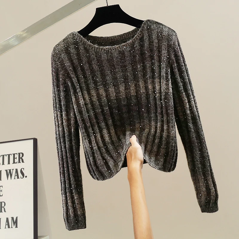 Korean Sle Heavy Work Bead Decoration Knitted Sweater Loose Long Sve Top Faionable Versatile Autumn Warm round Ne
Korean Sle Heavy Work Bead Decoration Knitted Sweater Loose Long Sve Top Faionable Versatile Autumn Warm round Ne