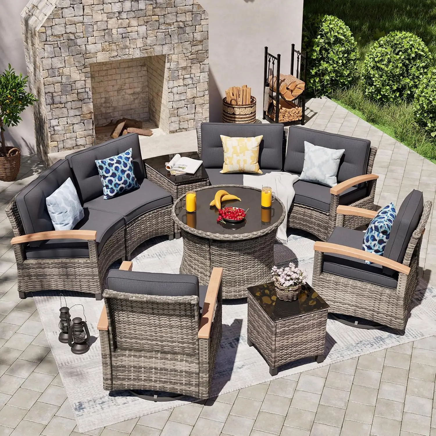 9pc Curved Outdoor Sectional Sofa Set with 2 Swivel Glider Chairs Round Coffee Table Backyard Deck Garden, Custom
9pc Curved Outdoor Sectional Sofa Set with 2 Swivel Glider Chairs Round Coffee Table Backyard Deck Garden, Custom