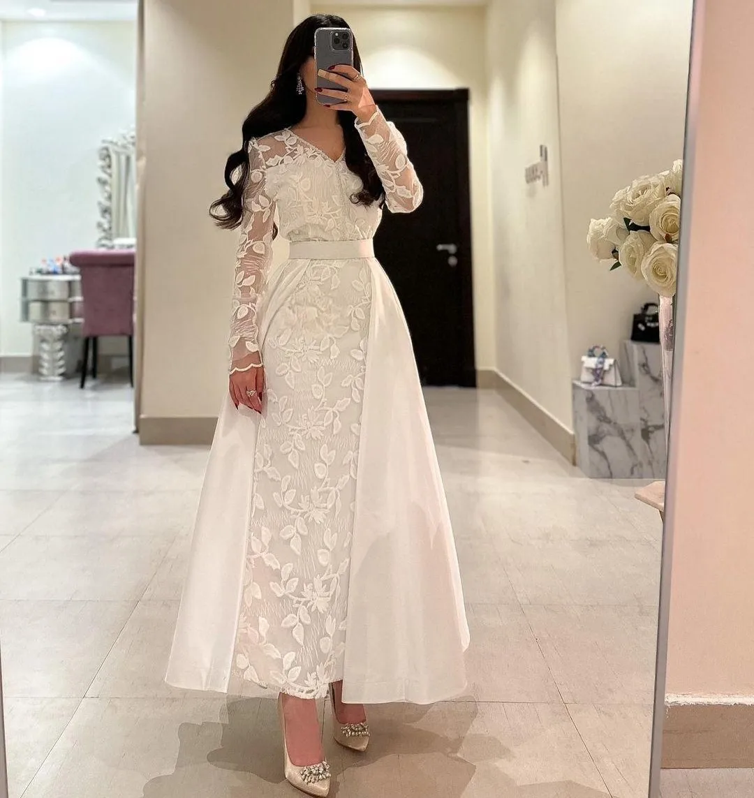 Lovestory Full Lace Ankle Length Prom Dresses V Neck Long Sleeves Evening Party Gown Detachable Train Wedding Guest Arabia Women
Lovestory Full Lace Ankle Length Prom Dresses V Neck Long Sleeves Evening Party Gown Detachable Train Wedding Guest Arabia Women