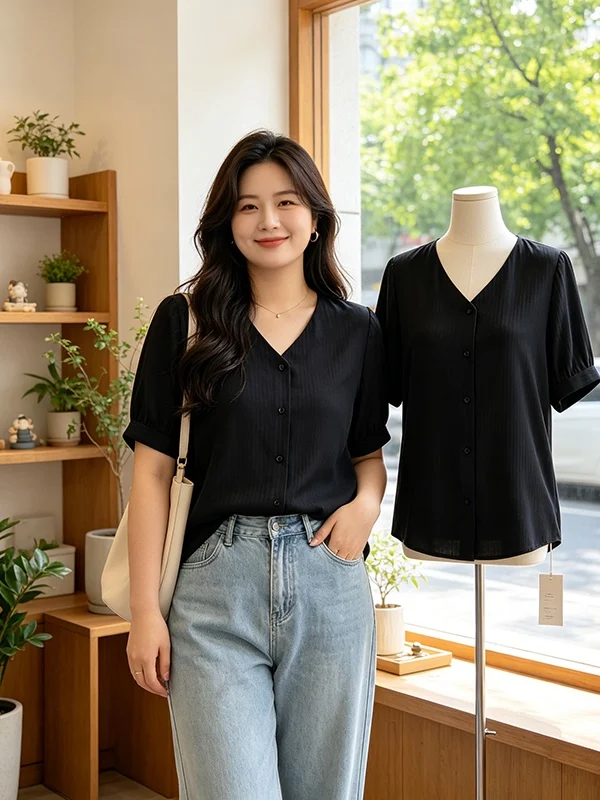 plus Size Women's Fashionable Black Stripe V-Neck Slimming Loose Short Sleeve Shirt Korean Style Commute Wind Summer New Arrival
plus Size Women's Fashionable Black Stripe V-Neck Slimming Loose Short Sleeve Shirt Korean Style Commute Wind Summer New Arrival