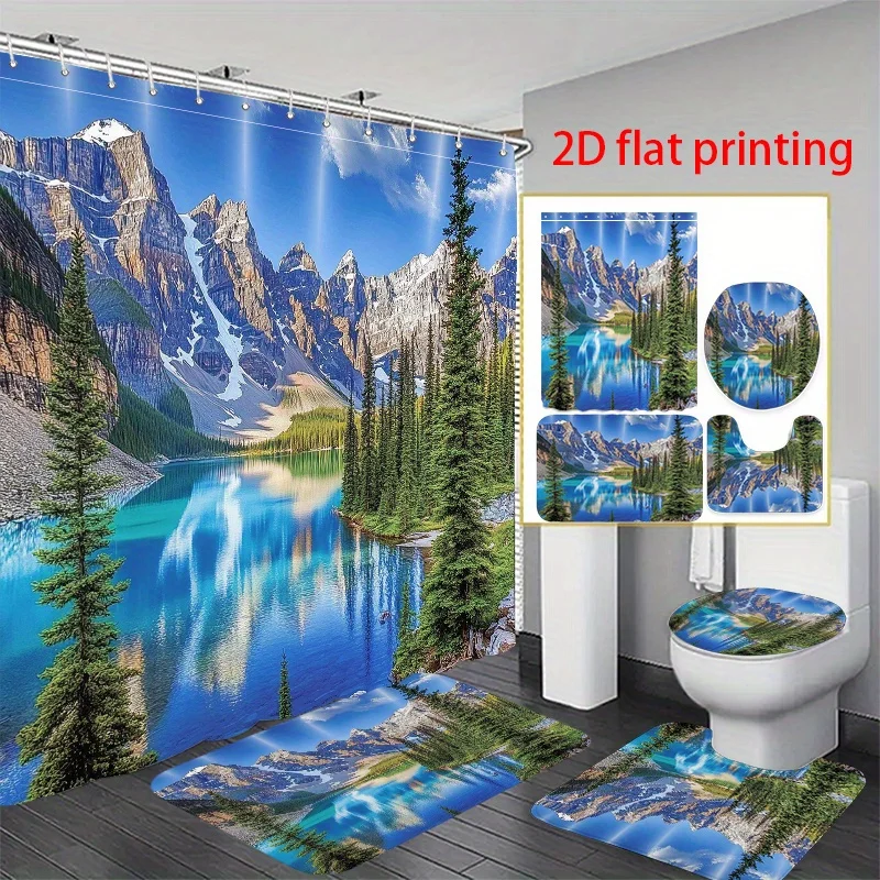 4 шт., 2D плоская занавеска для душа с принтом, набор для ванной комнаты, спокойствие горных отражений. Это хороший подарок для вашей семьи и 
4 шт., 2D плоская занавеска для душа с принтом, набор для ванной комнаты, спокойствие горных отражений. Это хороший подарок для вашей семьи и