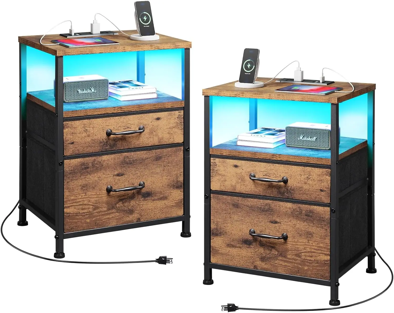 Nightstand with Charging Station Set of 2, LED Night Stand with 2 Fabric Drawers, Side Table with Open Shelf, End Table with Ste
Nightstand with Charging Station Set of 2, LED Night Stand with 2 Fabric Drawers, Side Table with Open Shelf, End Table with Ste
