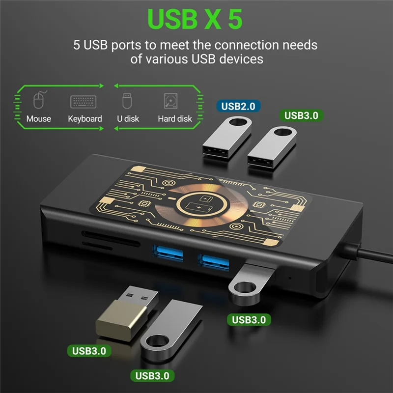 Изысканный концентратор для беспроводной зарядки 12 в 1, док-станция USB-C, двойной монитор с VGA, USB3.0/2.0, SD/TF, RJ45 100M, Audio3.5
Изысканный концентратор для беспроводной зарядки 12 в 1, док-станция USB-C, двойной монитор с VGA, USB3.0/2.0, SD/TF, RJ45 100M, Audio3.5