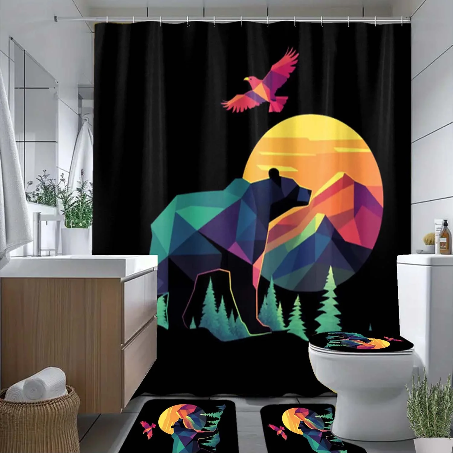 4pcs Bear, Bird, Sun Pattern Shower Curtain with Hooks, Waterproof Bathroom Partition Curtain, Bathroom Accessories,
4pcs Bear, Bird, Sun Pattern Shower Curtain with Hooks, Waterproof Bathroom Partition Curtain, Bathroom Accessories,