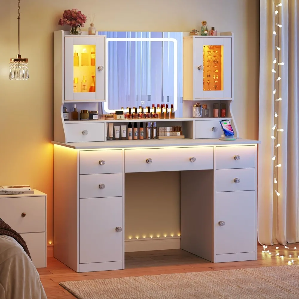 42'' Large White Vanity Desk Set – Makeup Vanity with Mirror & Lights, 2 RGB Jewelry Cabinets & 7 Drawers
42'' Large White Vanity Desk Set – Makeup Vanity with Mirror & Lights, 2 RGB Jewelry Cabinets & 7 Drawers