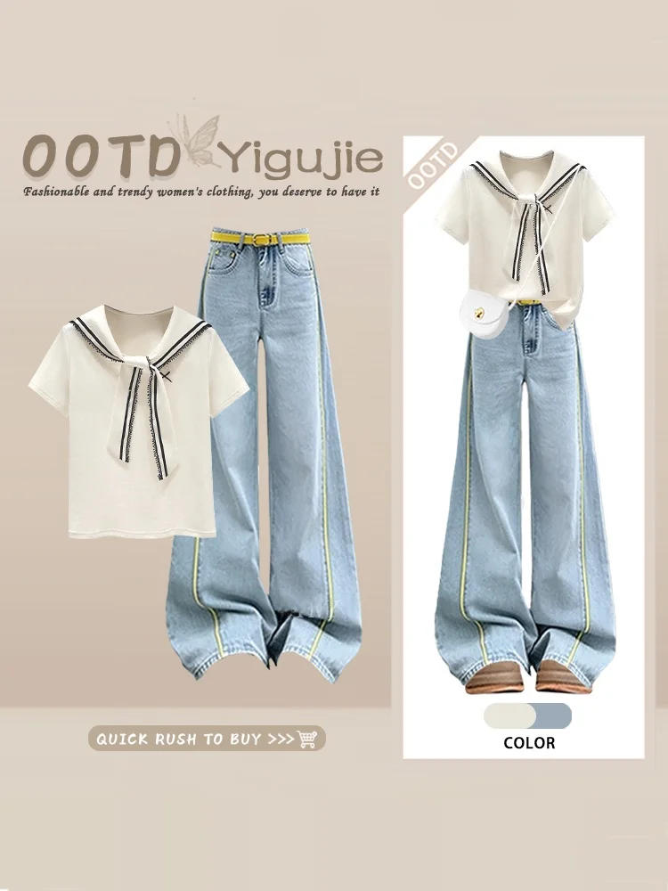 Korean Style Commuter Casual Short Sleeve Navy Collar Summer Blue Wide Leg Jeans Two Piece Set Women's Fashion Ensemble
Korean Style Commuter Casual Short Sleeve Navy Collar Summer Blue Wide Leg Jeans Two Piece Set Women's Fashion Ensemble