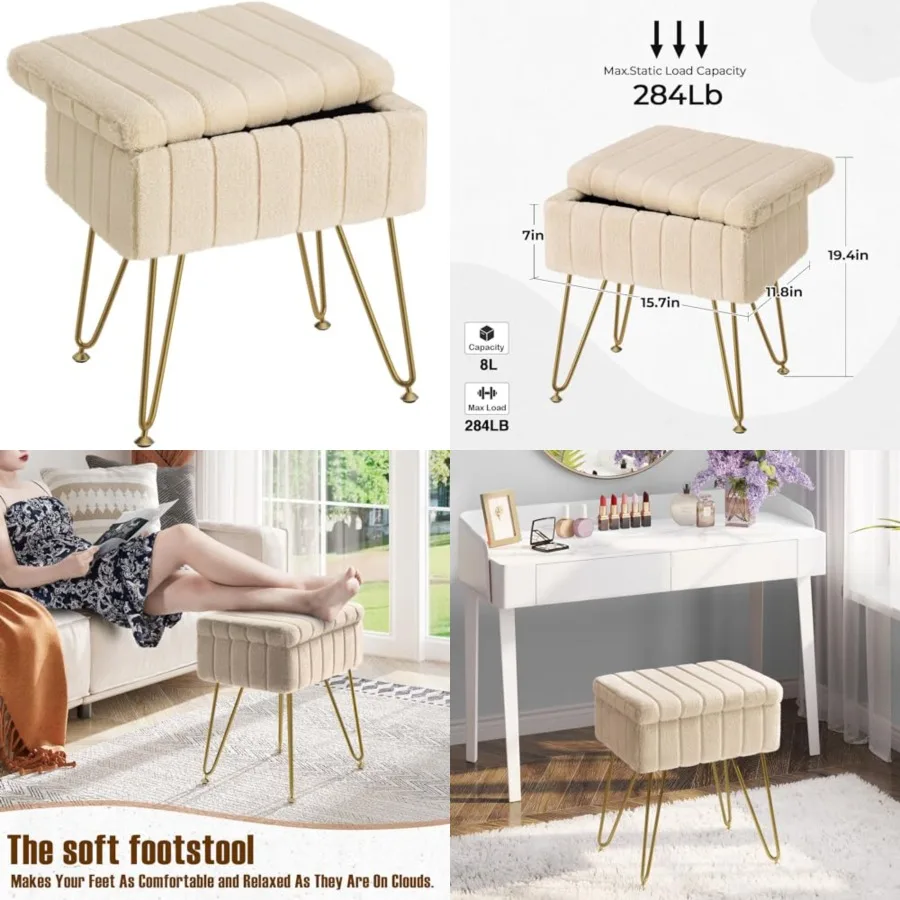 Vanity Stool Chair Faux Fur with Storage, 15.7"L x 11.8"W x 19.4"H Soft Ottoman 4 Metal Legs with Anti-Slip Feet, Furry Padded
Vanity Stool Chair Faux Fur with Storage, 15.7"L x 11.8"W x 19.4"H Soft Ottoman 4 Metal Legs with Anti-Slip Feet, Furry Padded