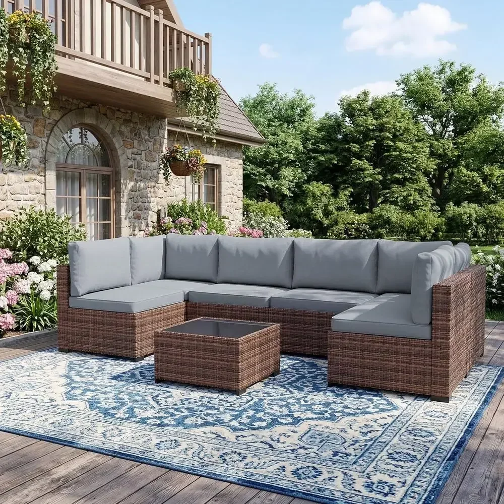 7-Piece Outdoor Wicker Rattan Patio Furniture Set with Rain Cover, Sectional Sofa with Coffee Table, Taupe-Blue
7-Piece Outdoor Wicker Rattan Patio Furniture Set with Rain Cover, Sectional Sofa with Coffee Table, Taupe-Blue