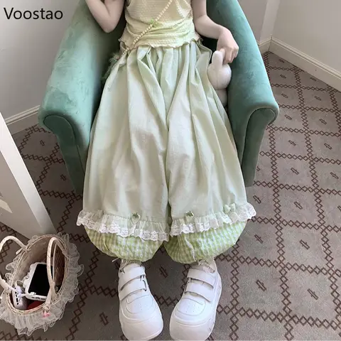 Pantalones estilo japonés Kawaii Lolita para mujer, bombachos de retazos a cuadros con volantes de encaje y agradable arco, pantalones holgados informales Y2k para otoño y niñas
