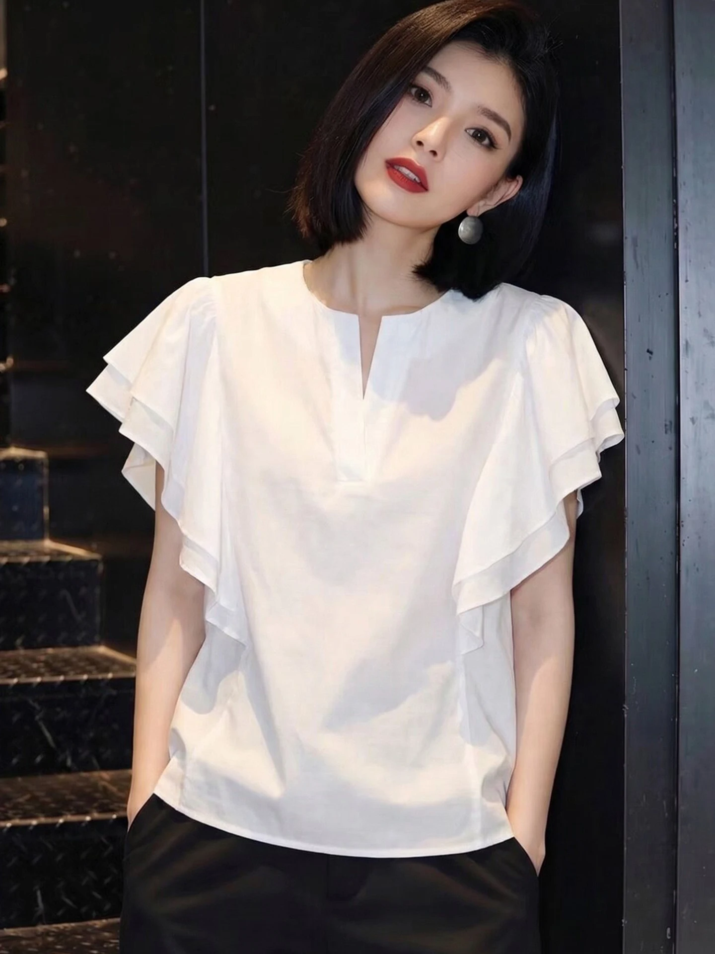 Spring Summer Unique Fashionable Ruffle Sleeve Short Shirt Commute Color Versatile Stylish Design Top Women's Shirt
Spring Summer Unique Fashionable Ruffle Sleeve Short Shirt Commute Color Versatile Stylish Design Top Women's Shirt
