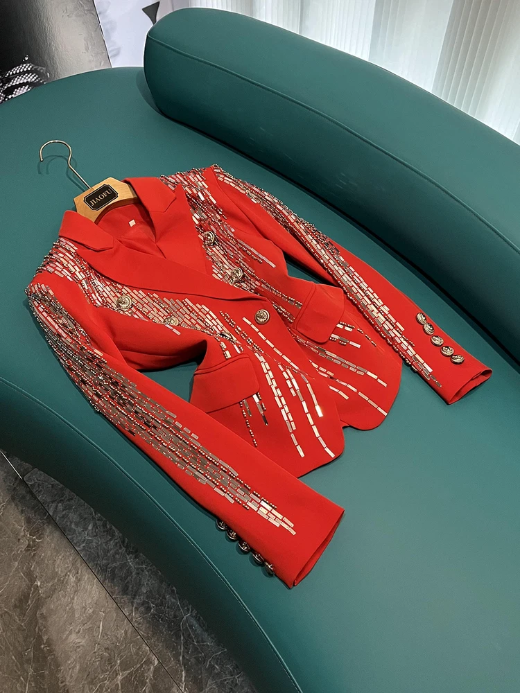 Red Sequin Embellied Heavy Work Jaet Women's Long Sve Suit Outerwear Ele Commute Sle Button ket Details
Red Sequin Embellied Heavy Work Jaet Women's Long Sve Suit Outerwear Ele Commute Sle Button ket Details