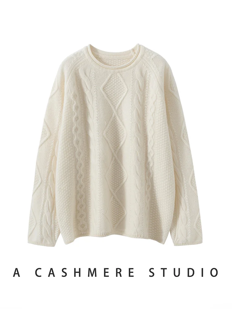 High Quality Women 100% Cashmere Sweater Autumn Winter O-Neck rolled-edge jacquard Pullover Loose Casual Thickened sweater Tops
High Quality Women 100% Cashmere Sweater Autumn Winter O-Neck rolled-edge jacquard Pullover Loose Casual Thickened sweater Tops