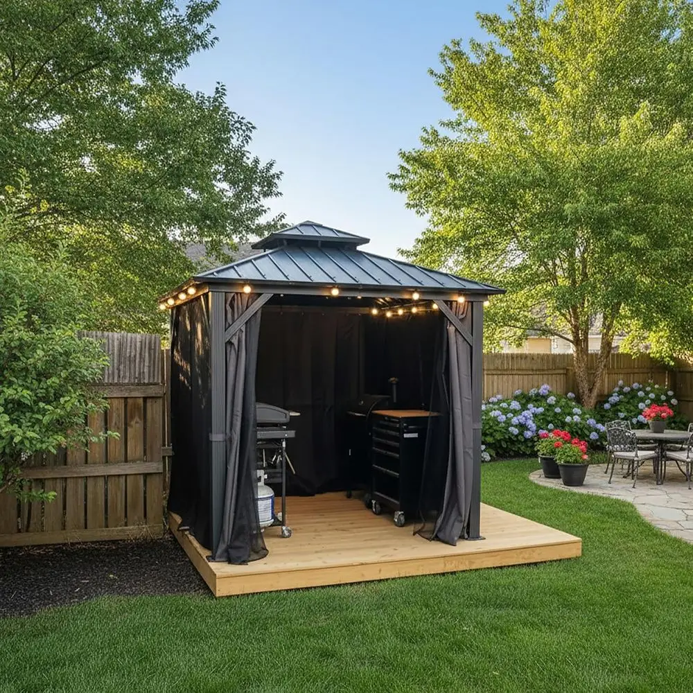 8'x8' Hardtop Gazebo with Lights All-Weather Galvanized Steel Double Roo Outdoor Patio Garden Gazebo Including Netting and Curta
8'x8' Hardtop Gazebo with Lights All-Weather Galvanized Steel Double Roo Outdoor Patio Garden Gazebo Including Netting and Curta