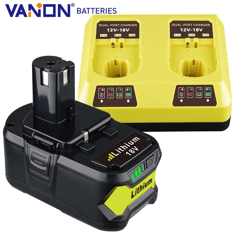 Vanon P108 8Ah 18V one Llithium Battery and P117 18V Fast Dual Charger P105 P122 Series Tools to Replace for Ryobi Battery pin
Vanon P108 8Ah 18V one Llithium Battery and P117 18V Fast Dual Charger P105 P122 Series Tools to Replace for Ryobi Battery pin