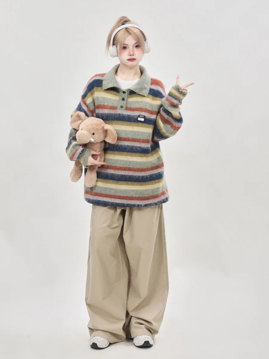 Винтажный японский свободный полосатый свитер, женский осенне-зимний новый топ с откидным воротником, удобный теплый модный свитер
Винтажный японский свободный полосатый свитер, женский осенне-зимний новый топ с откидным воротником, удобный теплый модный свитер