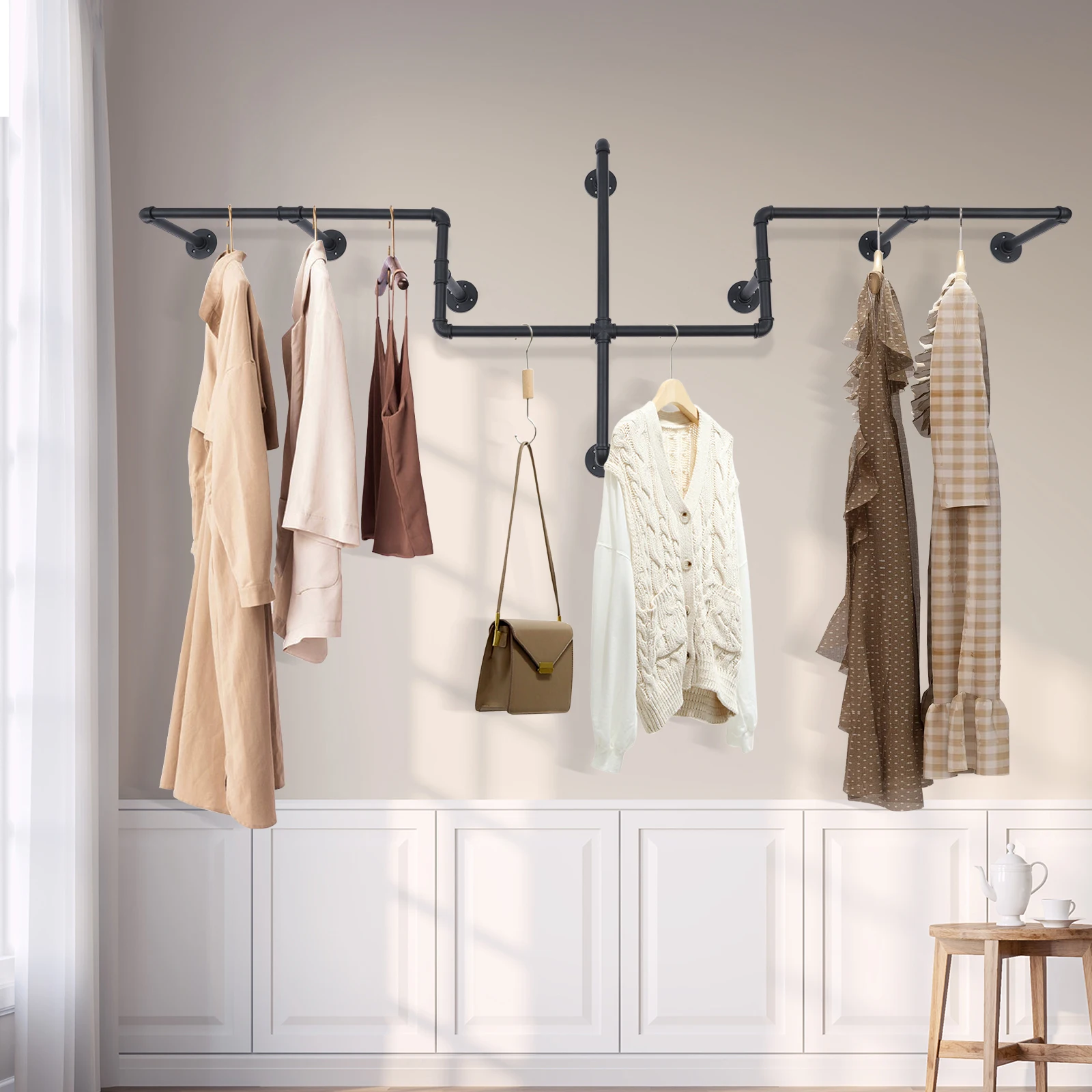 Black Wall Mounted Industrial Clothing Rack, Iron Garment Hanger, Rustproof Display Shelf for Bedroom Entryway Retail Home Decor
Black Wall Mounted Industrial Clothing Rack, Iron Garment Hanger, Rustproof Display Shelf for Bedroom Entryway Retail Home Decor
