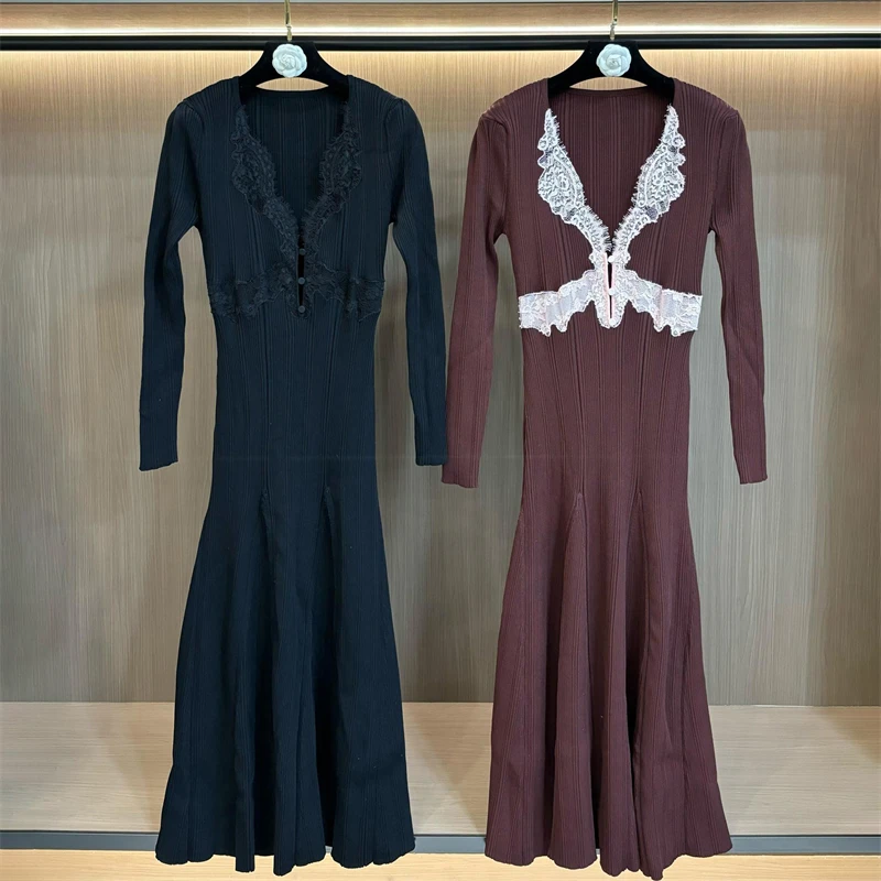 Spring New Women's Square Collar Lace Splice Long Sleeve Knitted Dress High Quality Fashion Sexy Slim Fit Long Tail Fish Skirt
Spring New Women's Square Collar Lace Splice Long Sleeve Knitted Dress High Quality Fashion Sexy Slim Fit Long Tail Fish Skirt