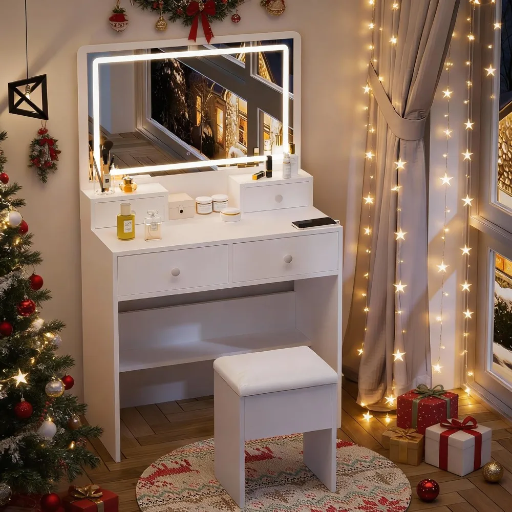 White Vanity Desk with Mirror and Power Outlet, Makeup Vanity with Adjustable Brightness and 3 Lighting Modes, Customized
White Vanity Desk with Mirror and Power Outlet, Makeup Vanity with Adjustable Brightness and 3 Lighting Modes, Customized
