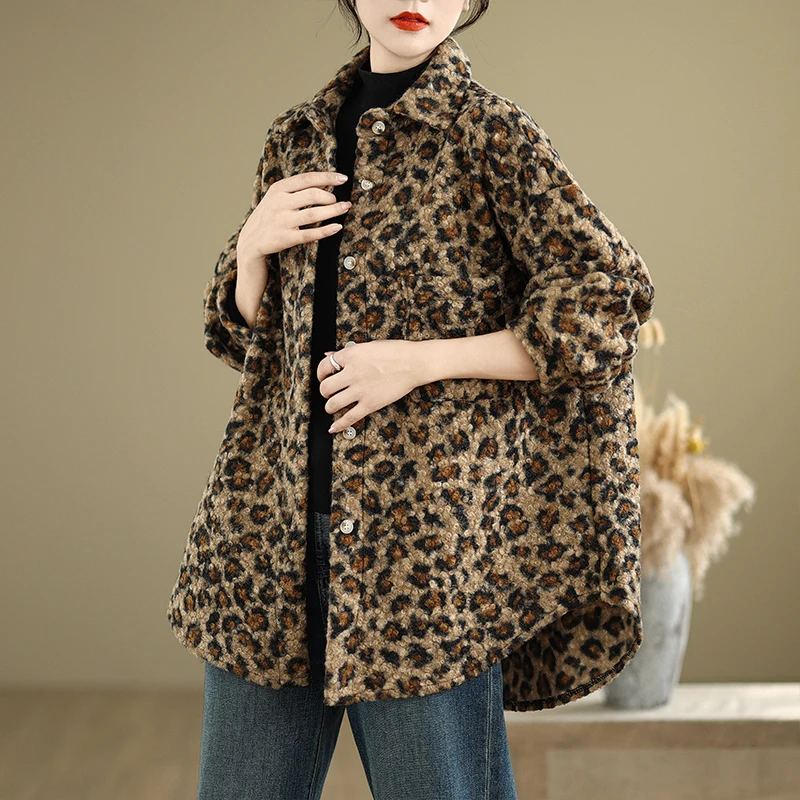European Style Leopard Print Long Sleeve Collar Plush Shirt Jacket Women's Autumn Winter Loose Lazy Style Top Cotton Blend
European Style Leopard Print Long Sleeve Collar Plush Shirt Jacket Women's Autumn Winter Loose Lazy Style Top Cotton Blend