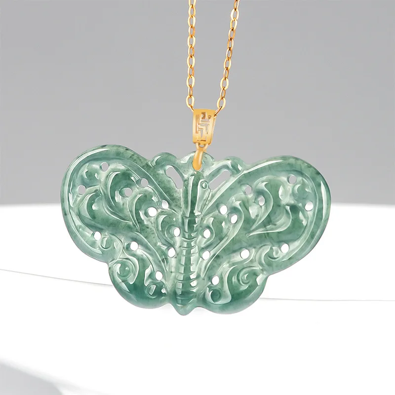 Natural and fashionable jade blue water butterfly pendant with hollowed out antique style gold inlaid with ice jade for women
Natural and fashionable jade blue water butterfly pendant with hollowed out antique style gold inlaid with ice jade for women
