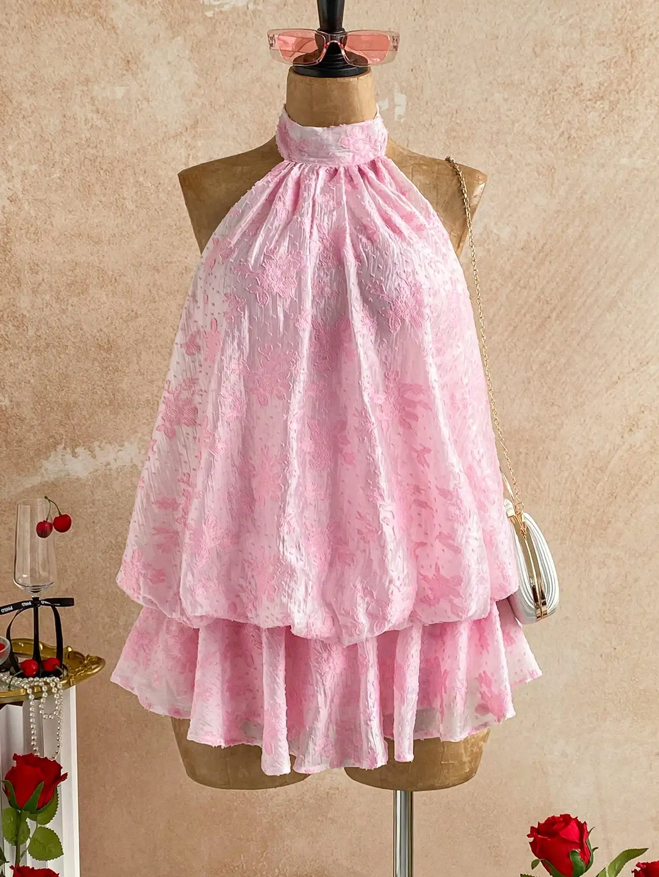 Pink Floral Jacquard Halter Neck Mini Dress With Tiered Ruffle Skirt And Back Tie Bow For Parties Weddings Events
Pink Floral Jacquard Halter Neck Mini Dress With Tiered Ruffle Skirt And Back Tie Bow For Parties Weddings Events