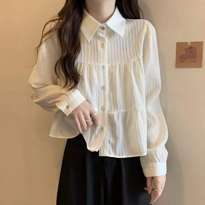 New Korean-style Lapel Single-breasted Long-sleeve Babydoll Blouse, French Cropped Shirt for Women
New Korean-style Lapel Single-breasted Long-sleeve Babydoll Blouse, French Cropped Shirt for Women