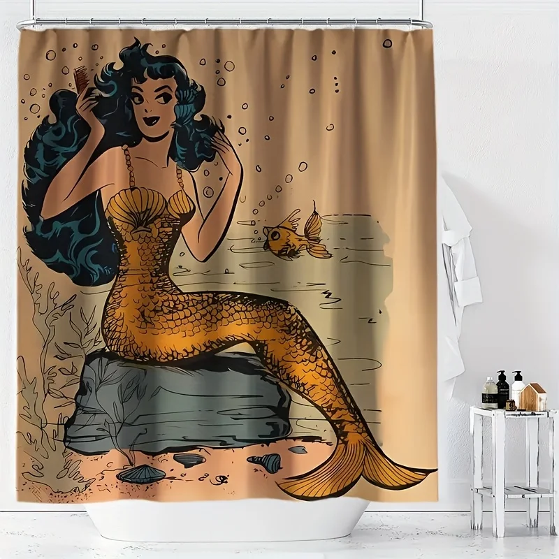 Vintage Mermaid Shower Curtain Polyester Washable – Retro Cartoon Illustration with Teal Hair, Gold Scales & Bubbles, 12 Hooks
Vintage Mermaid Shower Curtain Polyester Washable – Retro Cartoon Illustration with Teal Hair, Gold Scales & Bubbles, 12 Hooks