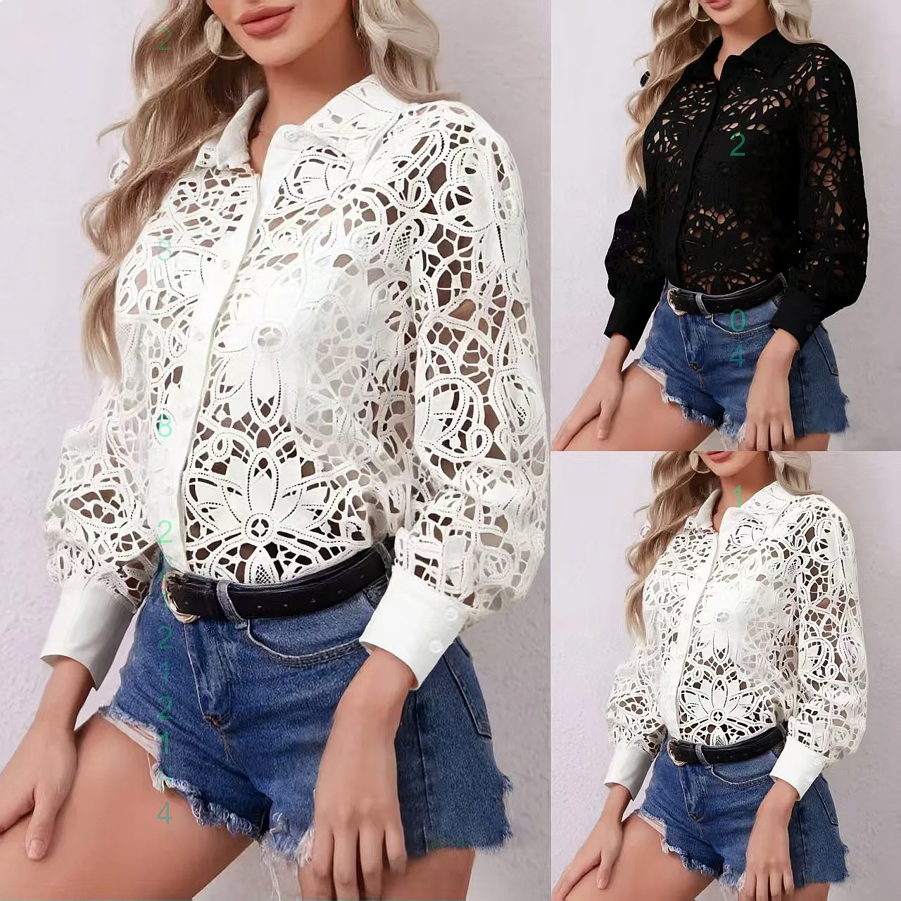 Sexy Lace Hollow Flower Long Sleeve Blouse Top, Fashion Turn-Down Collar Shirt Tee for Spring Summer
Sexy Lace Hollow Flower Long Sleeve Blouse Top, Fashion Turn-Down Collar Shirt Tee for Spring Summer