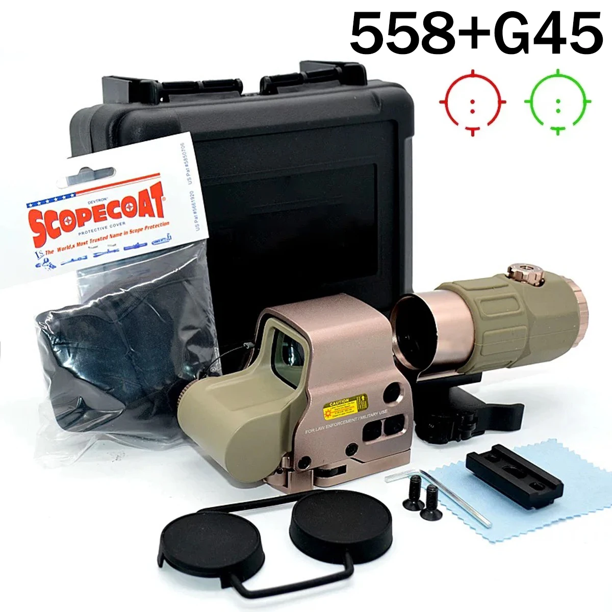 Тактический голографический прицел 558+G45 с красной/зеленой точкой, регулируемой яркостью, отображением прицельной сетки, для крепления на 20-мм QD-рейку, с маркировкой
Тактический голографический прицел 558+G45 с красной/зеленой точкой, регулируемой яркостью, отображением прицельной сетки, для крепления на 20-мм QD-рейку, с маркировкой