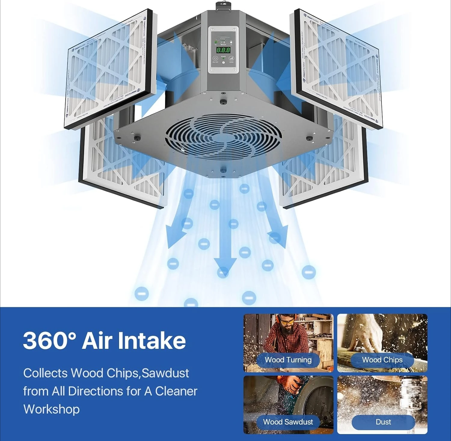 360 Degree Intake Air Filtration System Woodworking, 1350CFM Hanging Air Filter, Shop Dust Collector for Woodworking, Garage
360 Degree Intake Air Filtration System Woodworking, 1350CFM Hanging Air Filter, Shop Dust Collector for Woodworking, Garage