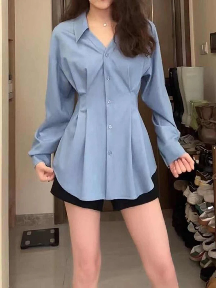 Korean Blue Lapel Shirt Fashionable Waist Cinched Pleated Long Sleeved Shirts Women's Spring Versatile Single Breasted Solid Top
Korean Blue Lapel Shirt Fashionable Waist Cinched Pleated Long Sleeved Shirts Women's Spring Versatile Single Breasted Solid Top