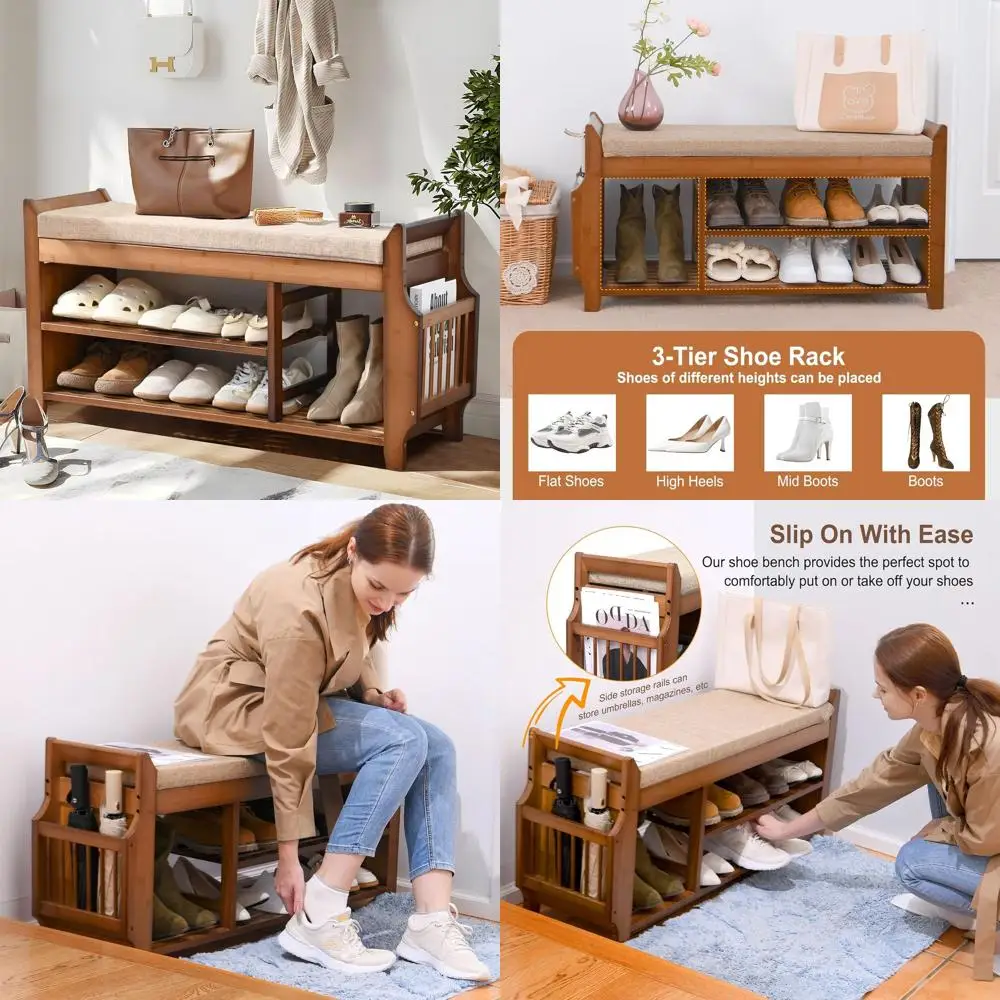 Двухуровневая бамбуковая скамья для прихожей с местом для хранения и подушкой
Двухуровневая бамбуковая скамья для прихожей с местом для хранения и подушкой