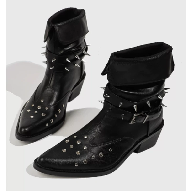 Men's Black Leather Pointed Toe Studded Ankle Boots 2026 Spiked Rivets Belt Buckles Block Heel Edgy Streetwear Party Boots
Men's Black Leather Pointed Toe Studded Ankle Boots 2026 Spiked Rivets Belt Buckles Block Heel Edgy Streetwear Party Boots