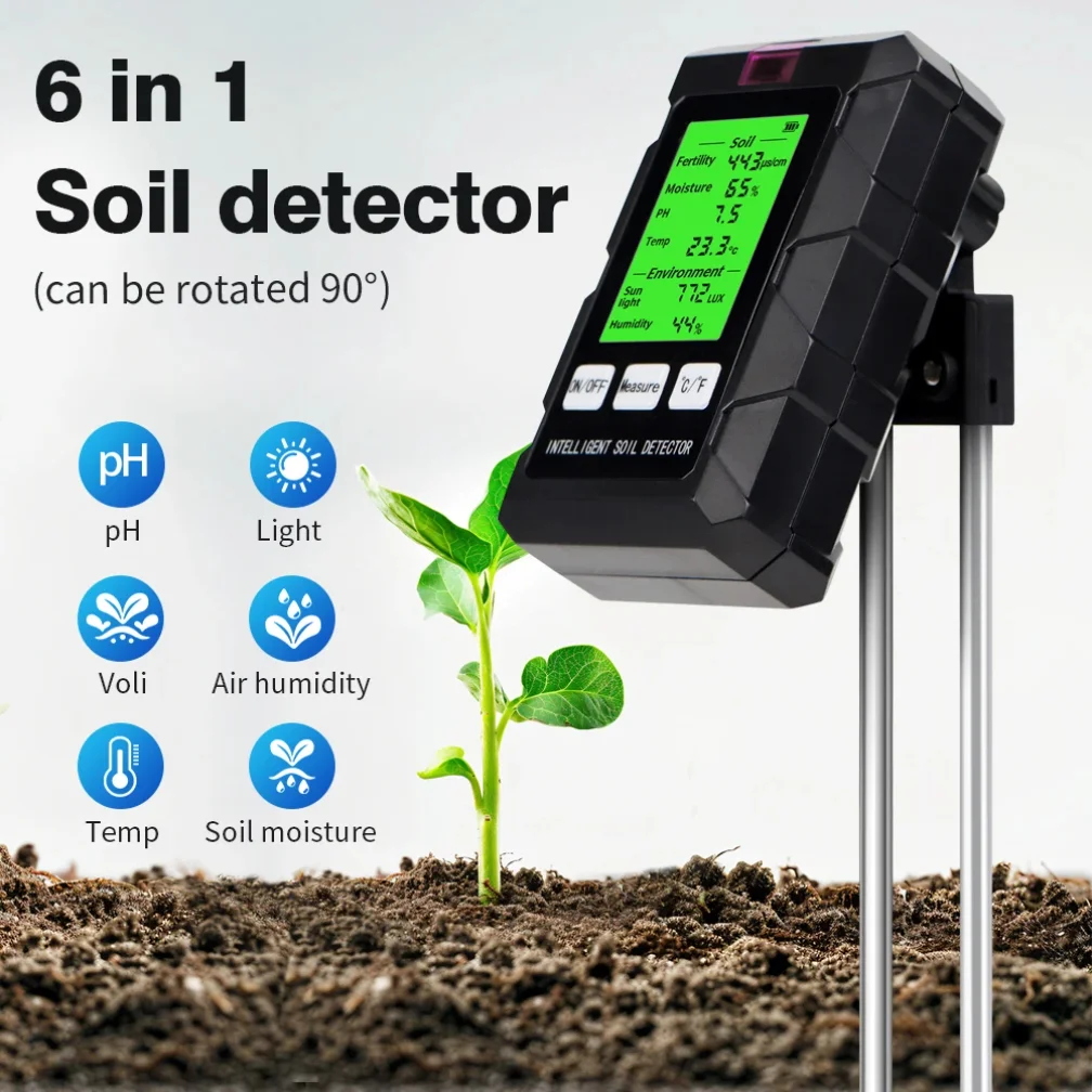 6 in 1 Soil PH Meter Sunlight Ambient Humidity Temp Soil Moisture Tester Nutrient Fertility Detector Garden Soli Analyzer
6 in 1 Soil PH Meter Sunlight Ambient Humidity Temp Soil Moisture Tester Nutrient Fertility Detector Garden Soli Analyzer