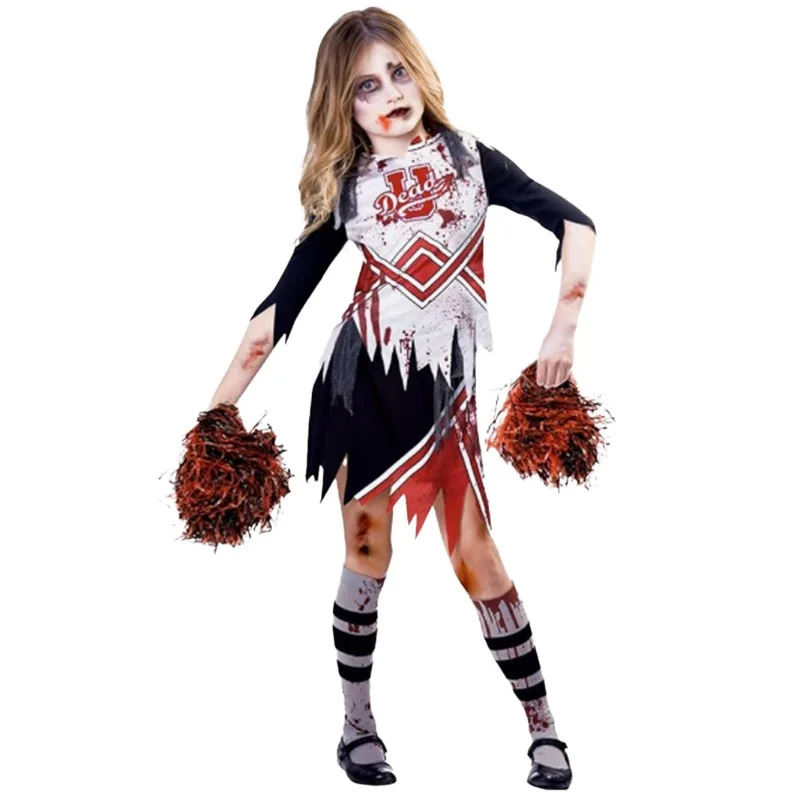 Halloween Meisje Zombie Cheerleading Maskerade Kostuum Bloedkousen Uniform Kinder Halloween Thema Feest Cosplay Kostuum
Halloween Meisje Zombie Cheerleading Maskerade Kostuum Bloedkousen Uniform Kinder Halloween Thema Feest Cosplay Kostuum